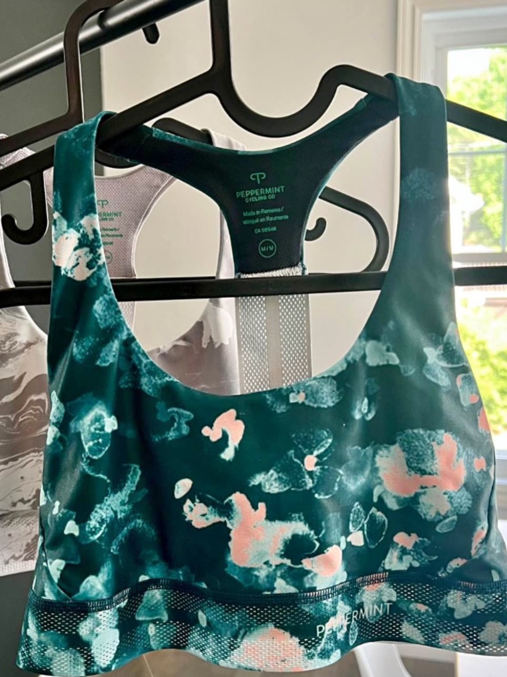 Peppermint Teal & Blush Abstract Floral Racerback Sports Bra